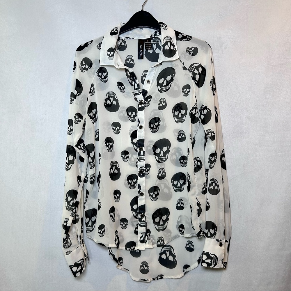 Fun & Flirt Sheer White Blouse, Black Skull Print Long Sleeve Button Down Size S